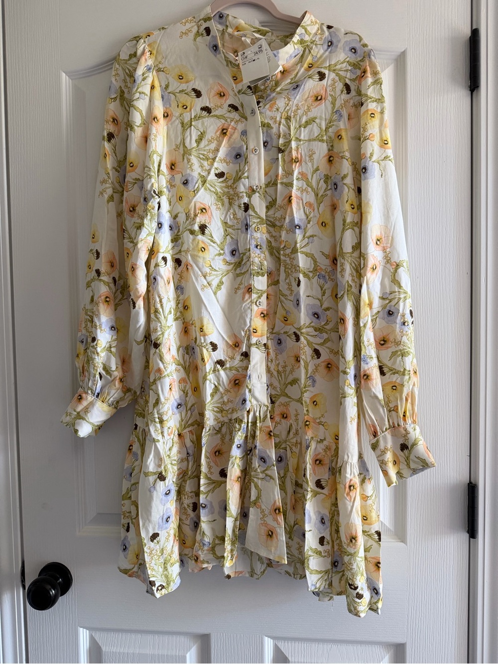 H&M Floral Midi Dress in White with Yellow, Peach & Light Blue Flowers